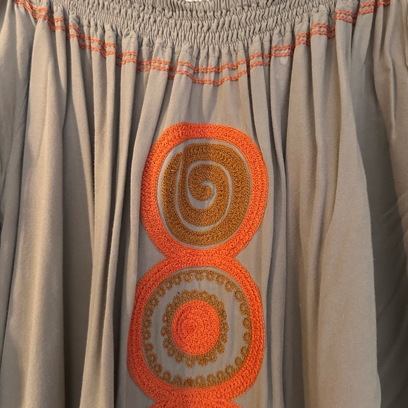 Dresses & Skirts - Boho Embroidered Peasant Dress - Taupe with Orange Accents
